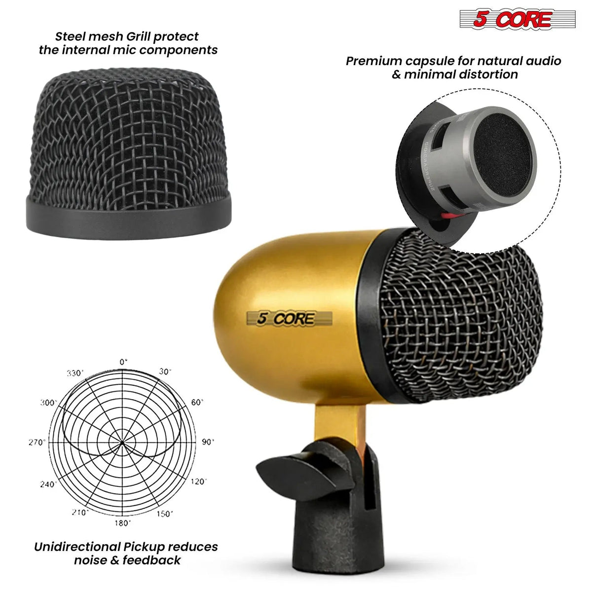 5 Core Drum Microphone Kit 7 Piece All Metal Drummer Instrument Mics Tom/Snare & Cymbals Set - HONORABLE VETERANS SOLUTIONS
