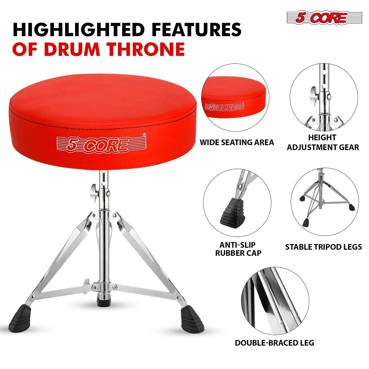 5 Core Drum Throne 3" Padded Drum Seat Height Adjustable Drumming Chair for Practice and Performance - HONORABLE VETERANS SOLUTIONS