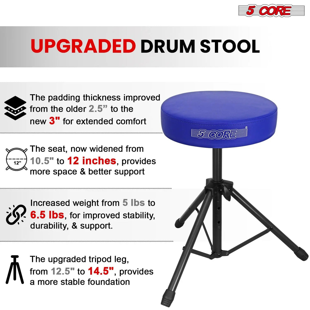 5 Core Drum Throne 3" Padded Seat Adjustable Drumming Chair for Practice and Performance - HONORABLE VETERANS SOLUTIONS