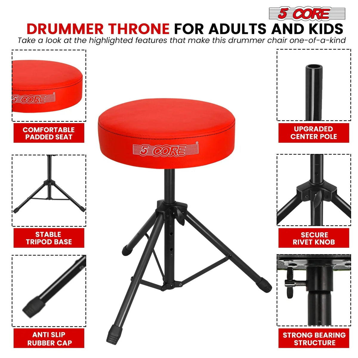 5 Core Drum Throne 3" Padded Seat Adjustable Drumming Chair for Practice and Performance - HONORABLE VETERANS SOLUTIONS