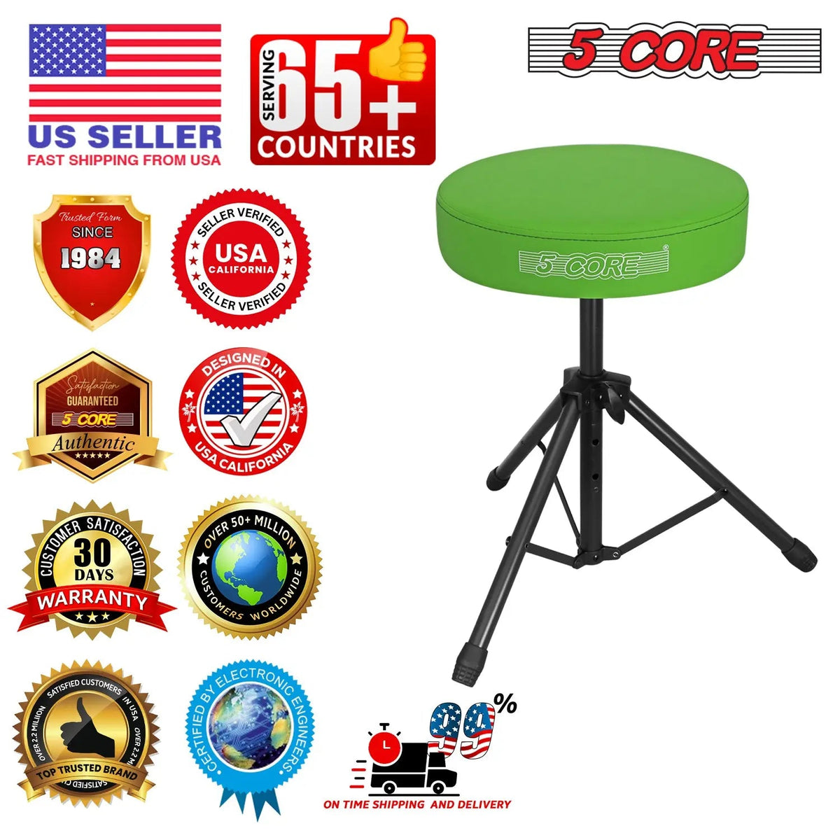 5 Core Drum Throne 3" Padded Seat Adjustable Drumming Chair for Practice and Performance - HONORABLE VETERANS SOLUTIONS
