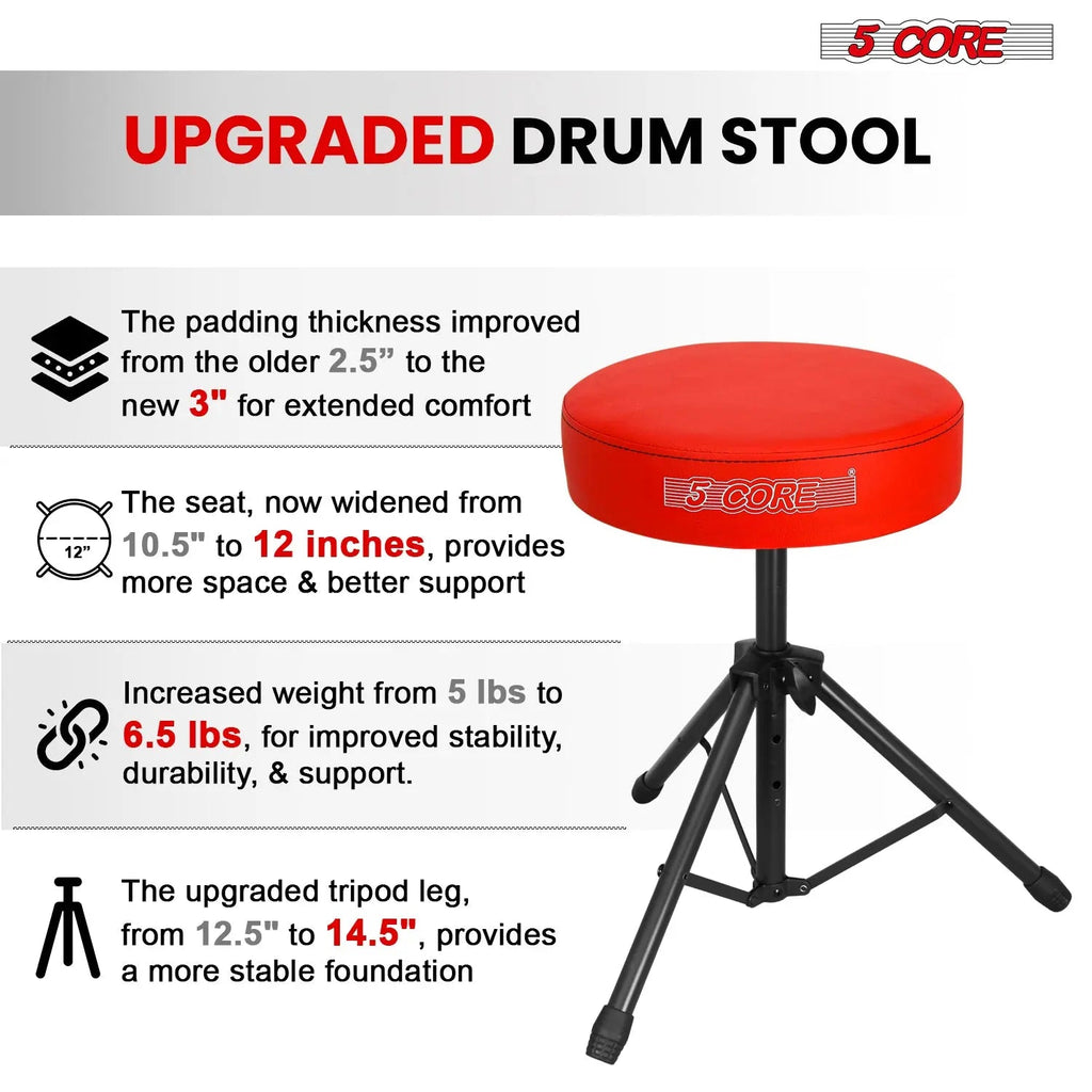 5 Core Drum Throne 3" Padded Seat Adjustable Drumming Chair for Practice and Performance - HONORABLE VETERANS SOLUTIONS
