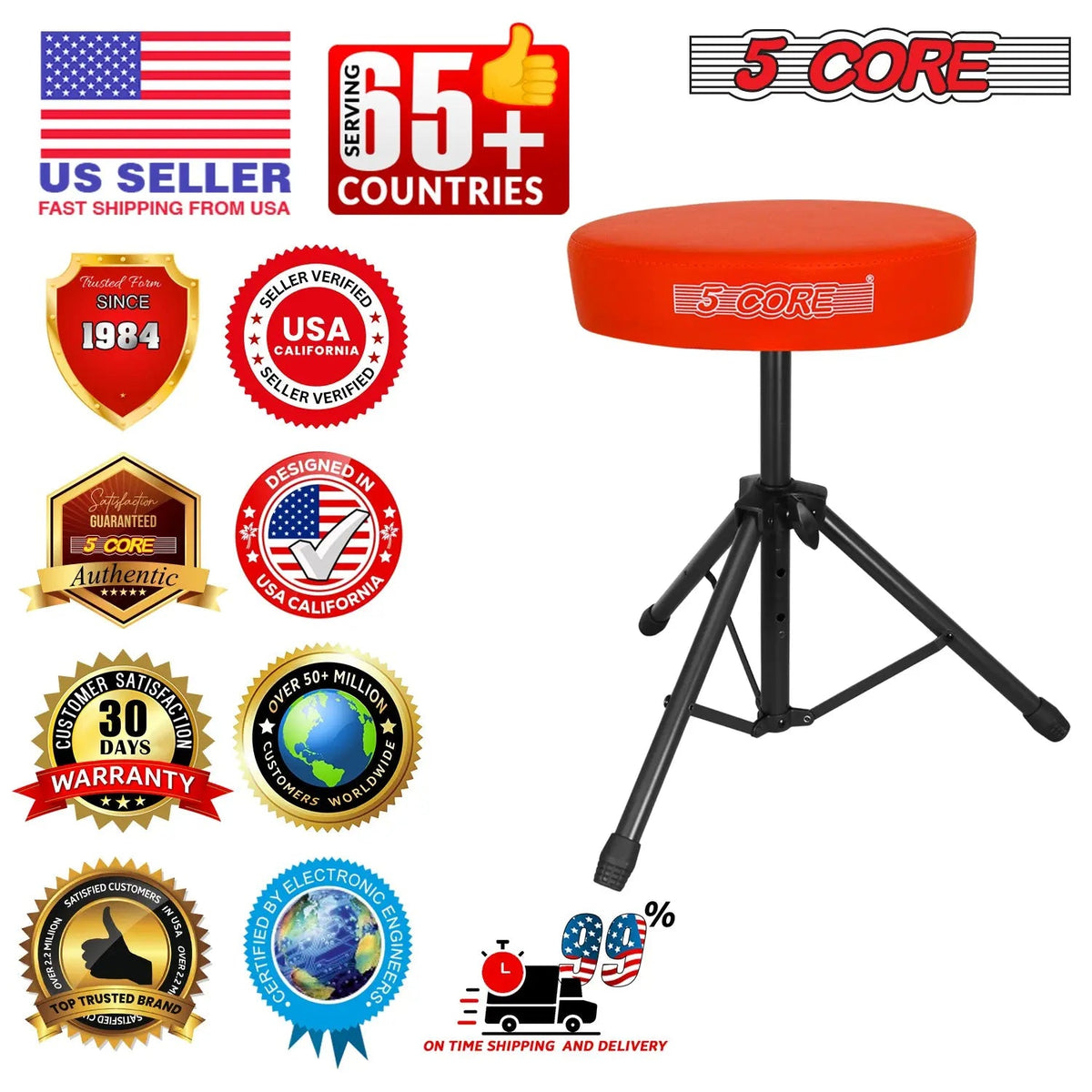 5 Core Drum Throne 3" Padded Seat Adjustable Drumming Chair for Practice and Performance - HONORABLE VETERANS SOLUTIONS
