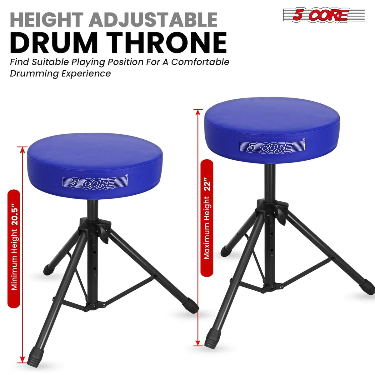 5 Core Drum Throne 3" Padded Seat Adjustable Drumming Chair for Practice and Performance - HONORABLE VETERANS SOLUTIONS