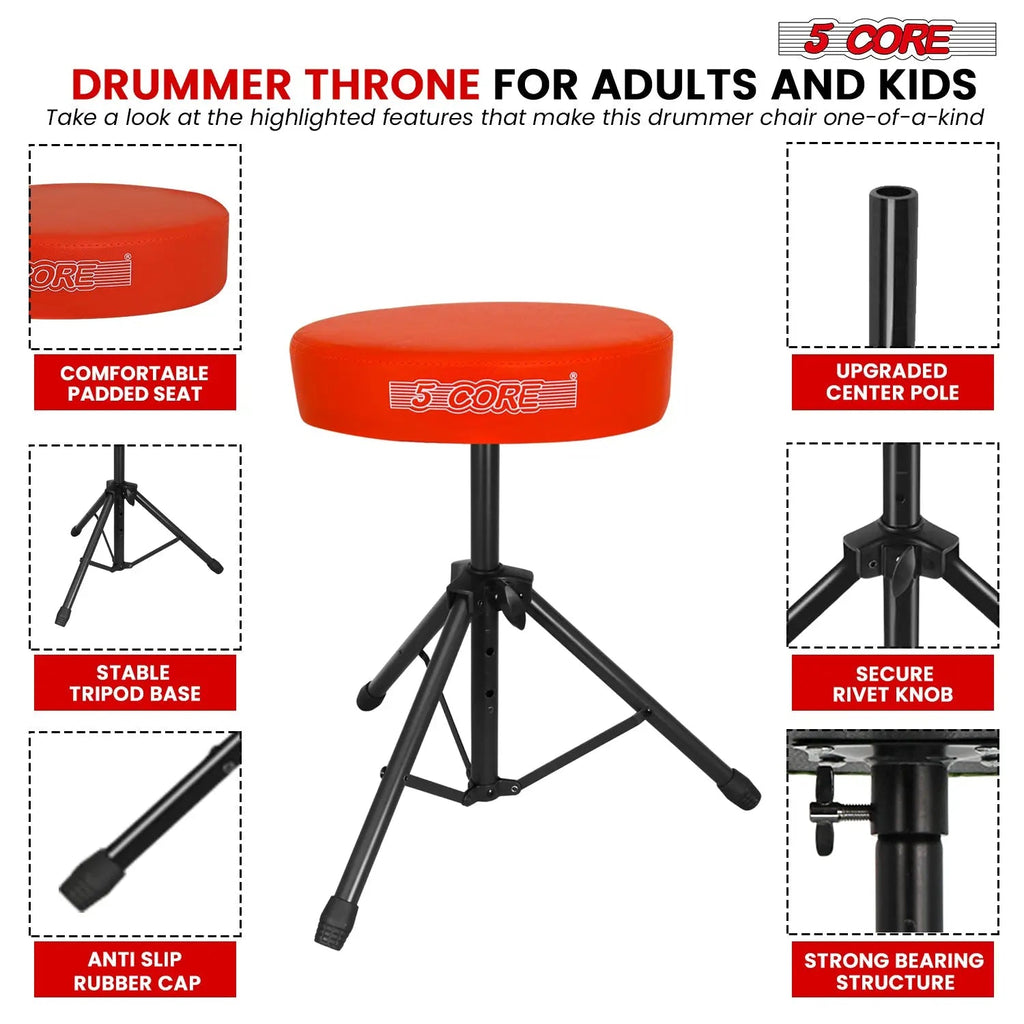 5 Core Drum Throne 3" Padded Seat Adjustable Drumming Chair for Practice and Performance - HONORABLE VETERANS SOLUTIONS