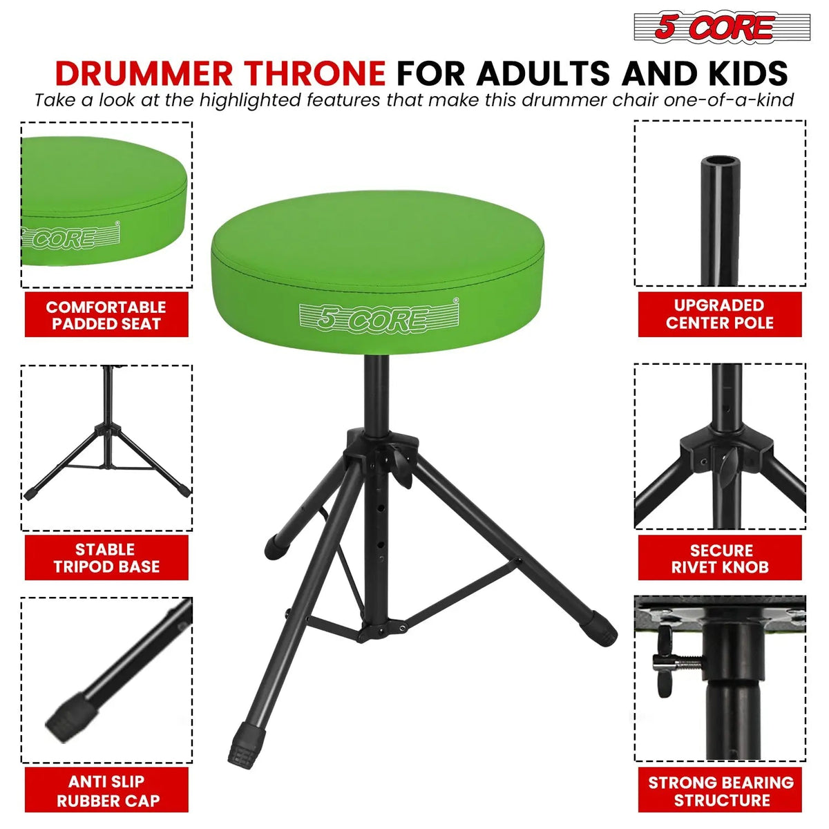 5 Core Drum Throne 3" Padded Seat Adjustable Drumming Chair for Practice and Performance - HONORABLE VETERANS SOLUTIONS