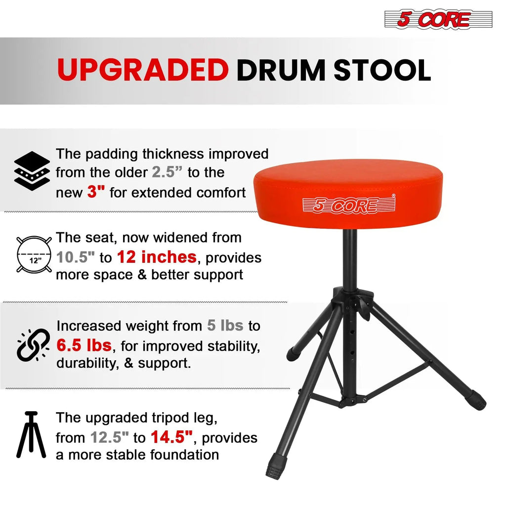 5 Core Drum Throne 3" Padded Seat Adjustable Drumming Chair for Practice and Performance - HONORABLE VETERANS SOLUTIONS