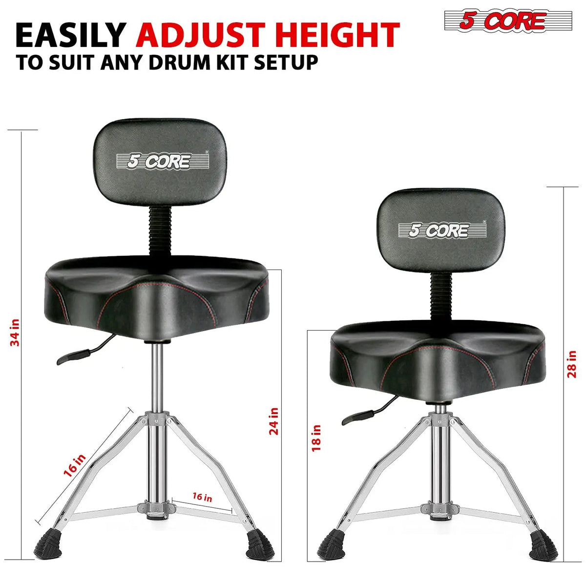 5 Core Drum Throne 4" Padded Seat w Backrest Airlift Adjustable Chair Ergonomic Drummer Stool - HONORABLE VETERANS SOLUTIONS