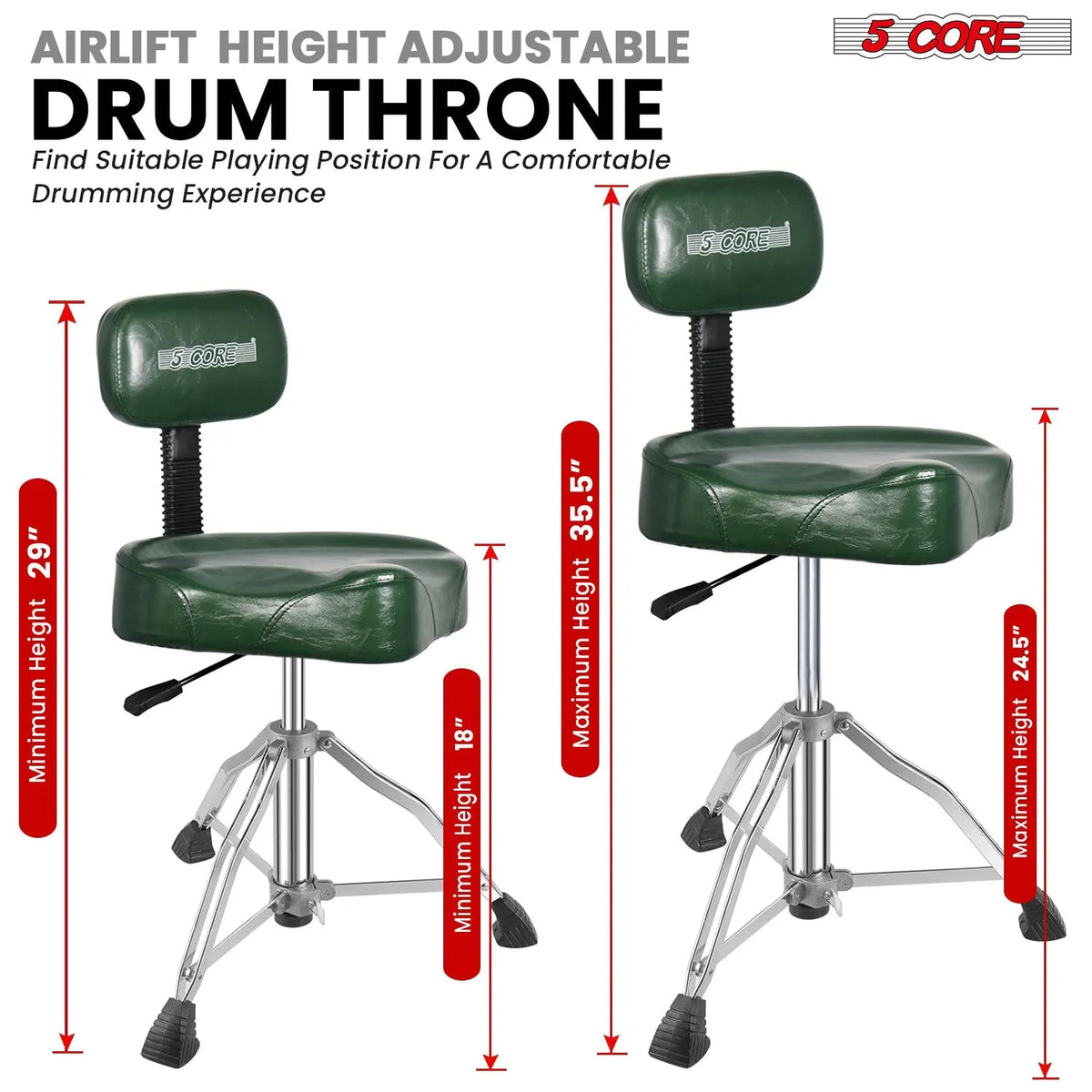 5 Core Drum Throne 4" Padded Seat w Backrest Airlift Adjustable Chair Ergonomic Drummer Stool - HONORABLE VETERANS SOLUTIONS