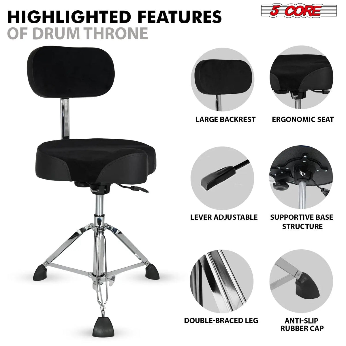 5 Core Drum Throne 4" Padded Seat w Backrest Airlift Adjustable Chair Ergonomic Drummer Stool - HONORABLE VETERANS SOLUTIONS