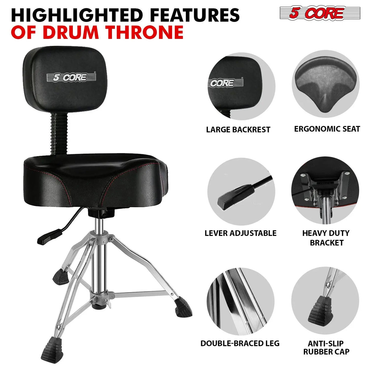 5 Core Drum Throne 4" Padded Seat w Backrest Airlift Adjustable Chair Ergonomic Drummer Stool - HONORABLE VETERANS SOLUTIONS