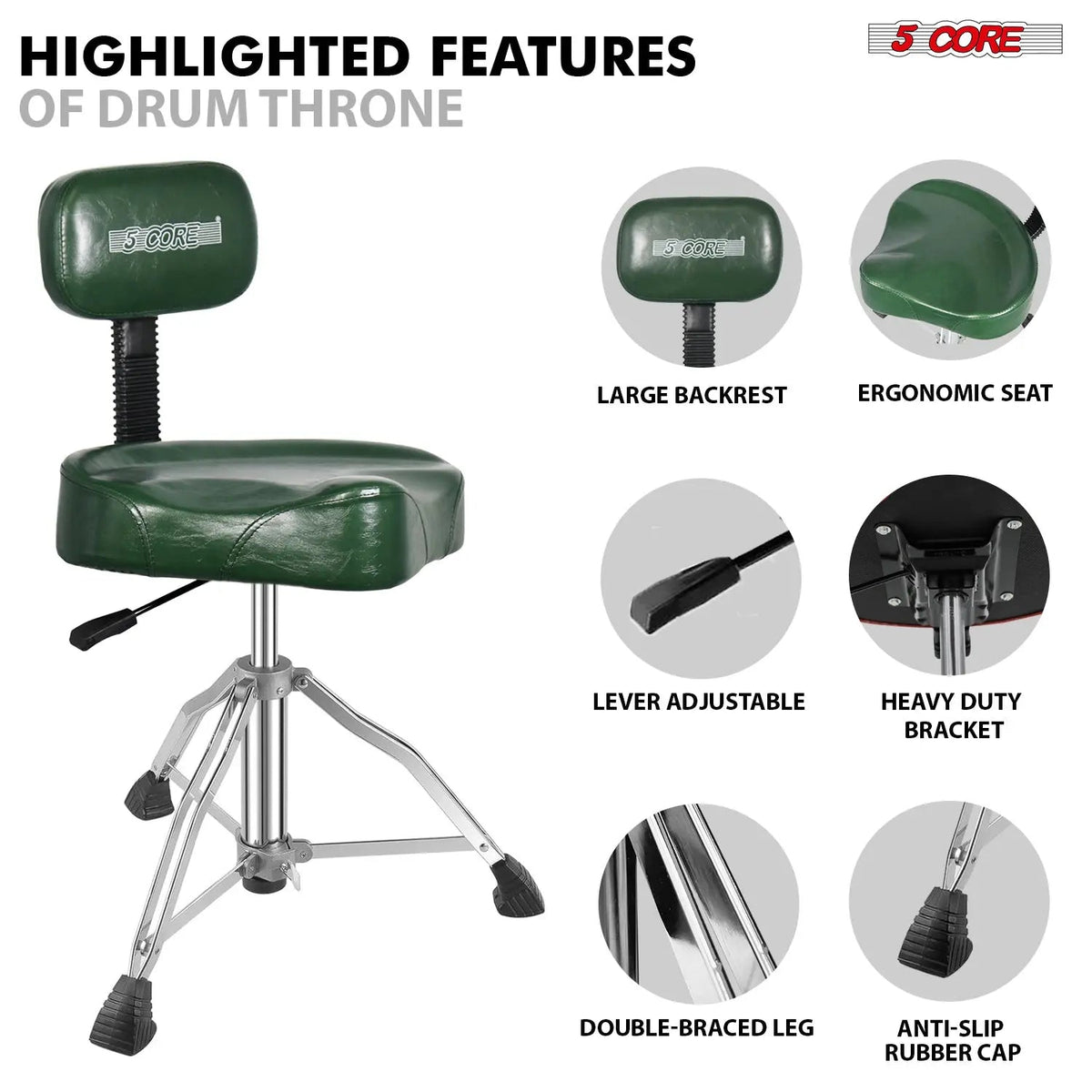 5 Core Drum Throne 4" Padded Seat w Backrest Airlift Adjustable Chair Ergonomic Drummer Stool - HONORABLE VETERANS SOLUTIONS