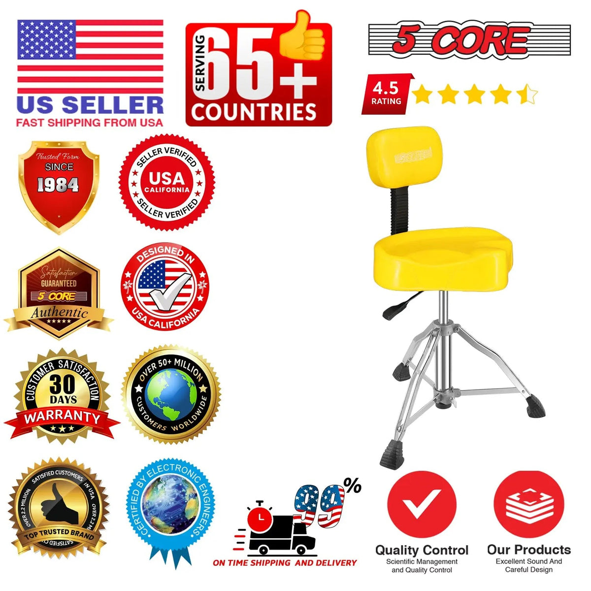 5 Core Drum Throne 4" Padded Seat w Backrest Airlift Adjustable Chair Ergonomic Drummer Stool - HONORABLE VETERANS SOLUTIONS