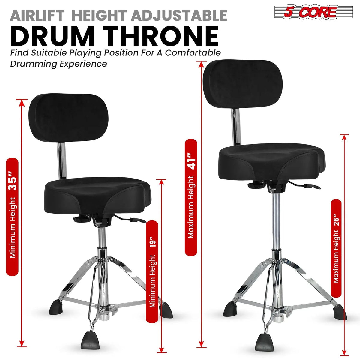 5 Core Drum Throne 4" Padded Seat w Backrest Airlift Adjustable Chair Ergonomic Drummer Stool - HONORABLE VETERANS SOLUTIONS