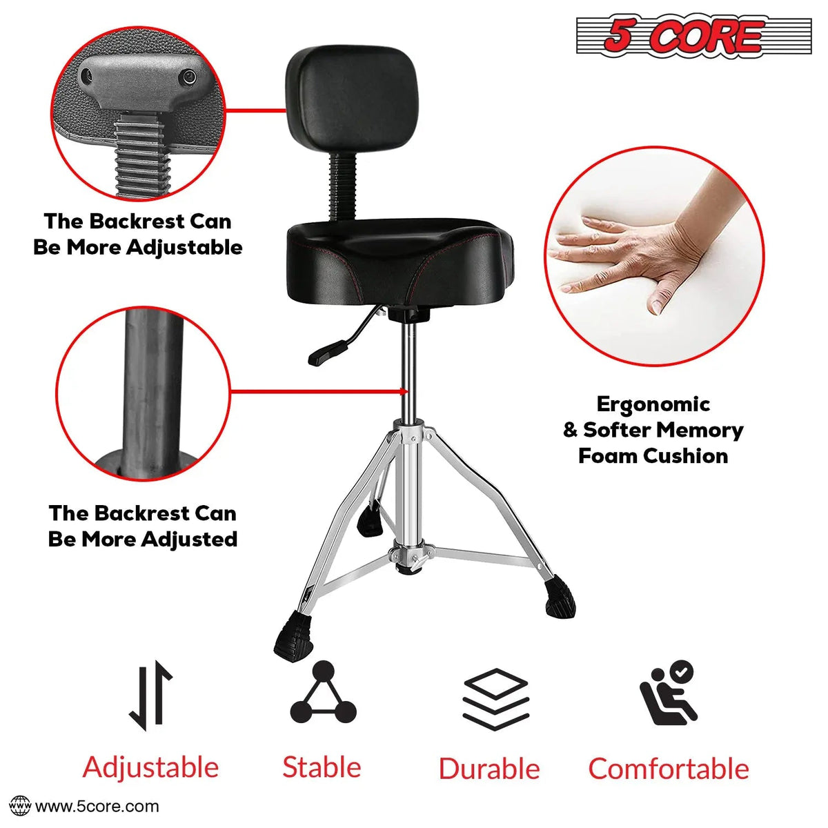 5 Core Drum Throne 4" Padded Seat w Backrest Airlift Adjustable Chair Ergonomic Drummer Stool - HONORABLE VETERANS SOLUTIONS