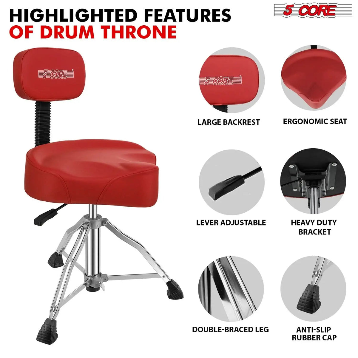 5 Core Drum Throne 4" Padded Seat w Backrest Airlift Adjustable Chair Ergonomic Drummer Stool - HONORABLE VETERANS SOLUTIONS