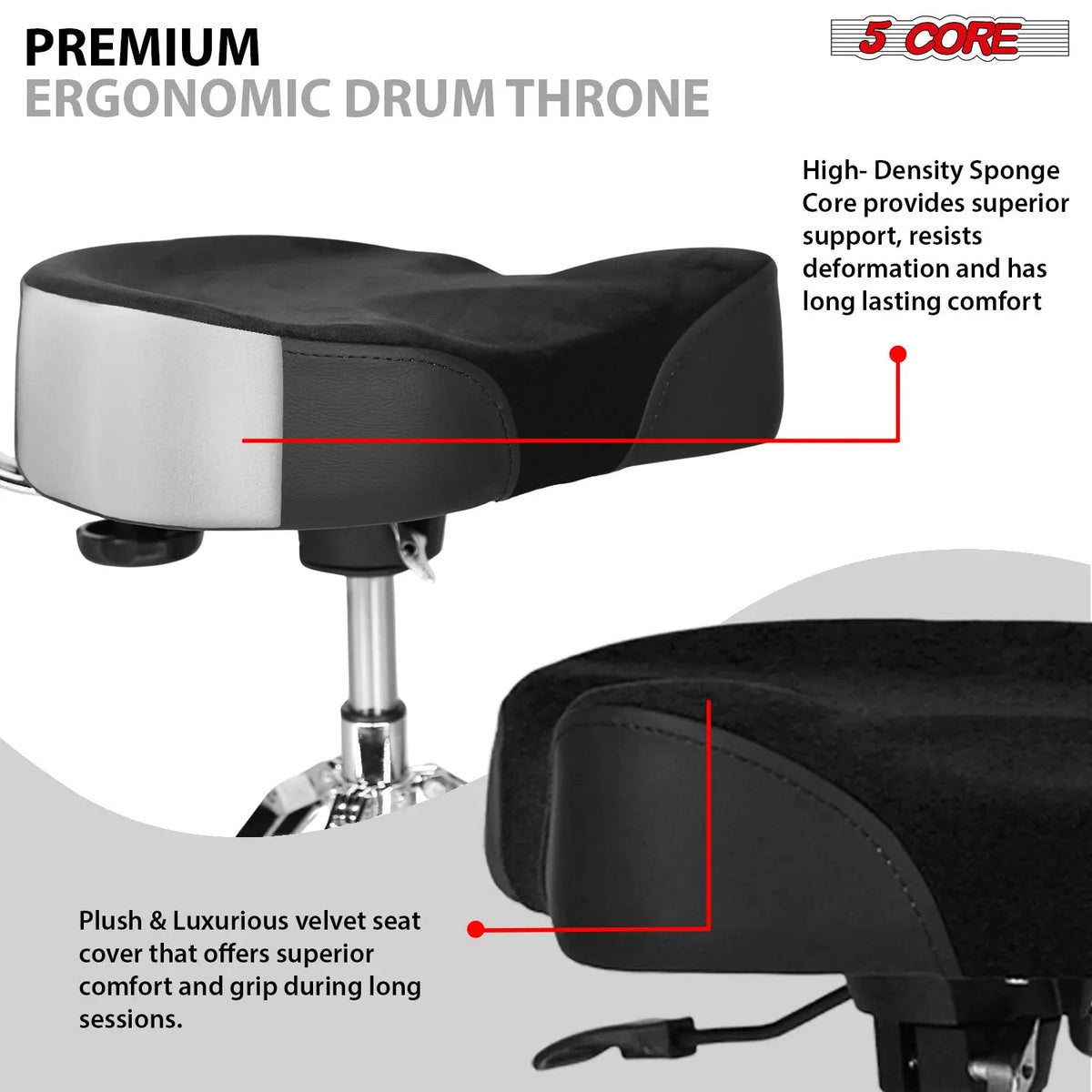 5 Core Drum Throne 4" Padded Seat w Backrest Airlift Adjustable Chair Ergonomic Drummer Stool - HONORABLE VETERANS SOLUTIONS