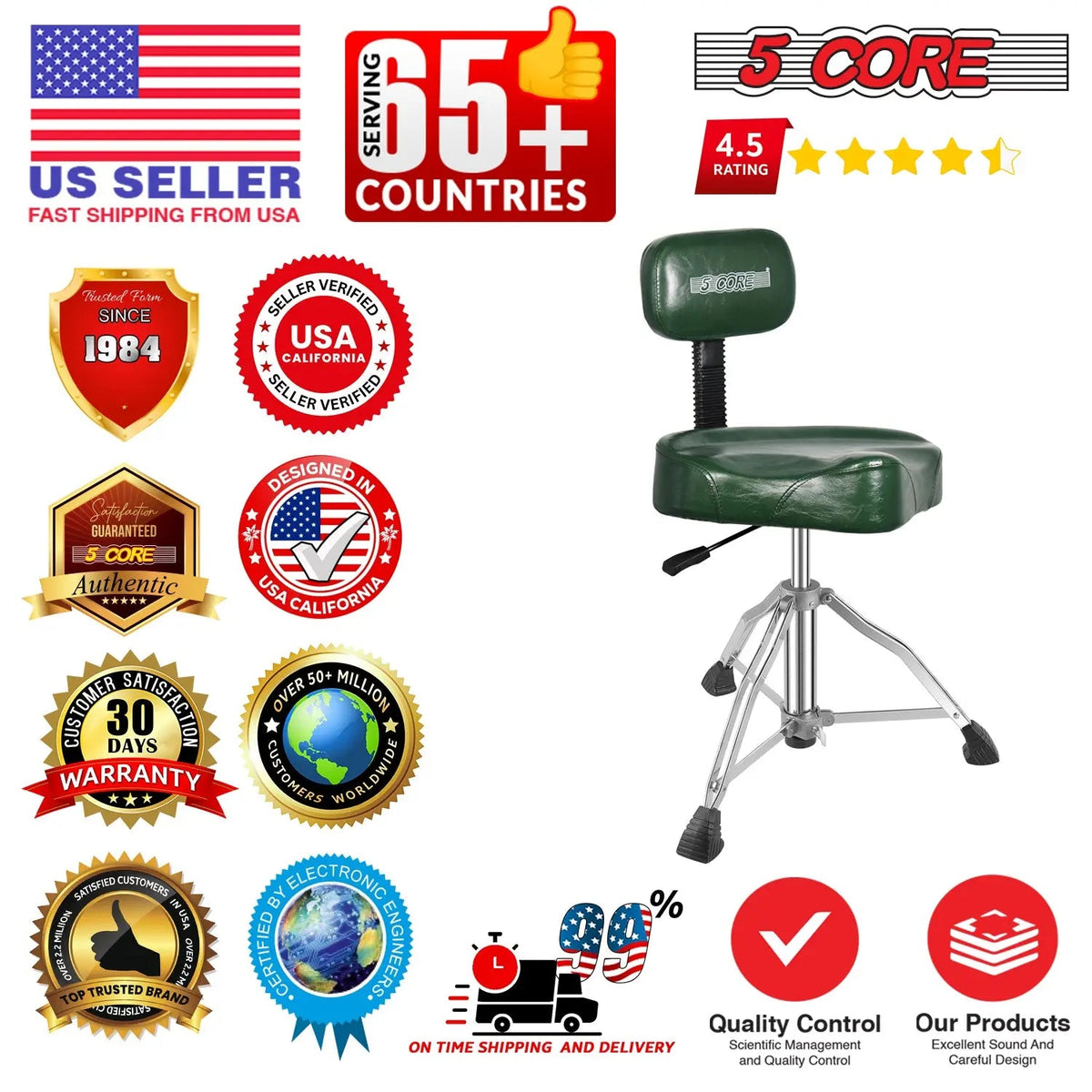 5 Core Drum Throne 4" Padded Seat w Backrest Airlift Adjustable Chair Ergonomic Drummer Stool - HONORABLE VETERANS SOLUTIONS
