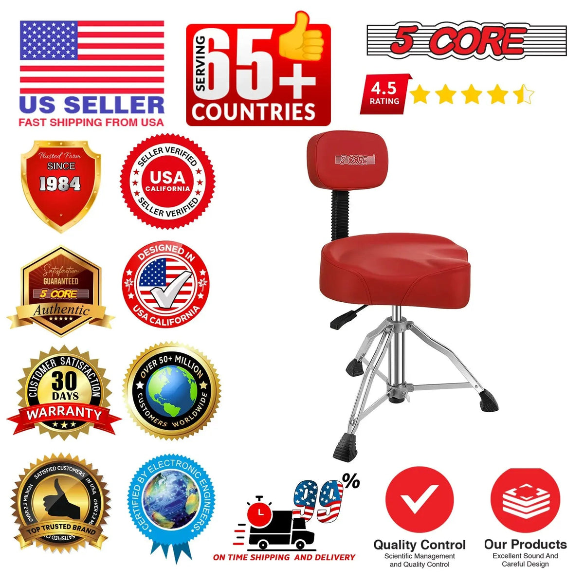 5 Core Drum Throne 4" Padded Seat w Backrest Airlift Adjustable Chair Ergonomic Drummer Stool - HONORABLE VETERANS SOLUTIONS