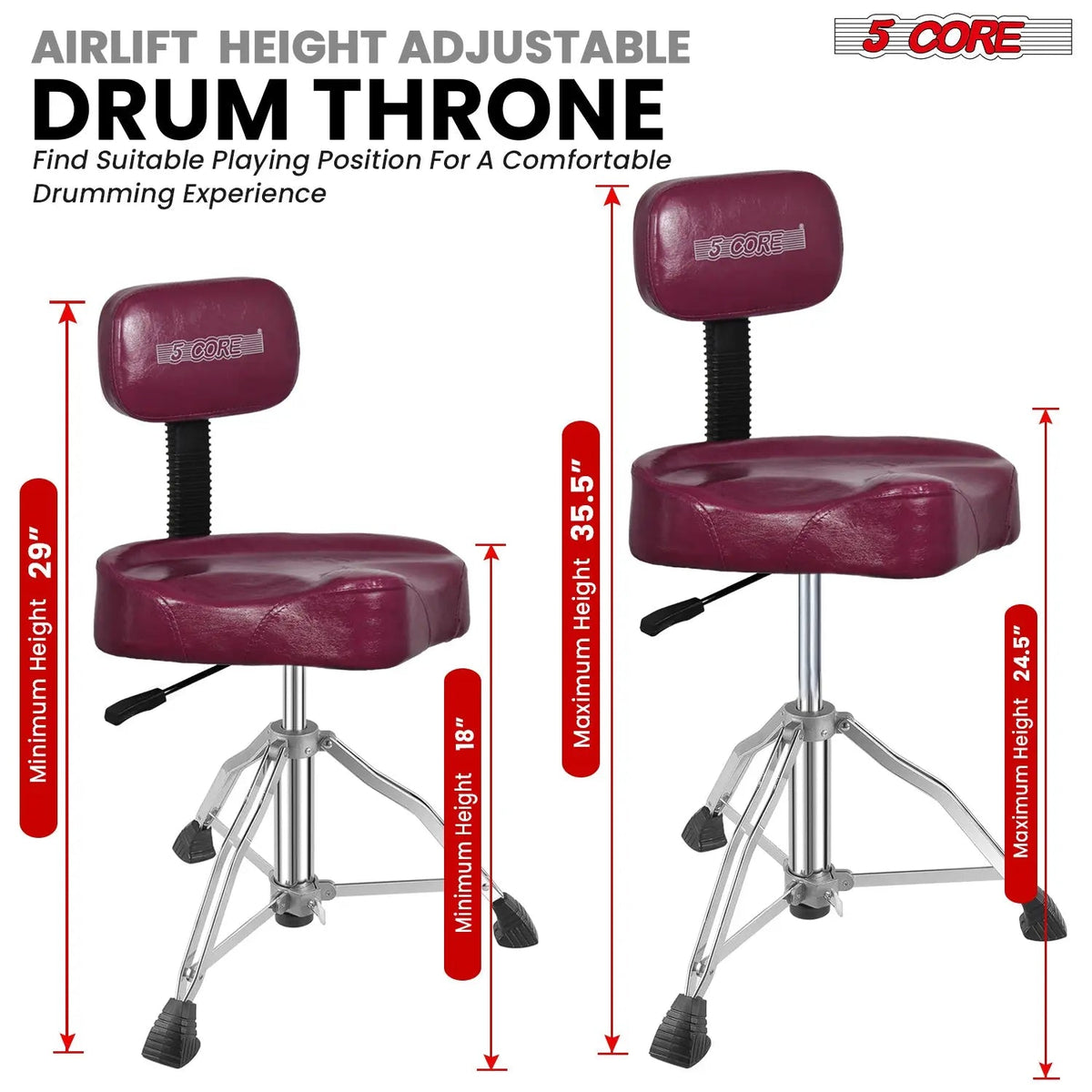 5 Core Drum Throne 4" Padded Seat w Backrest Airlift Adjustable Chair Ergonomic Drummer Stool - HONORABLE VETERANS SOLUTIONS