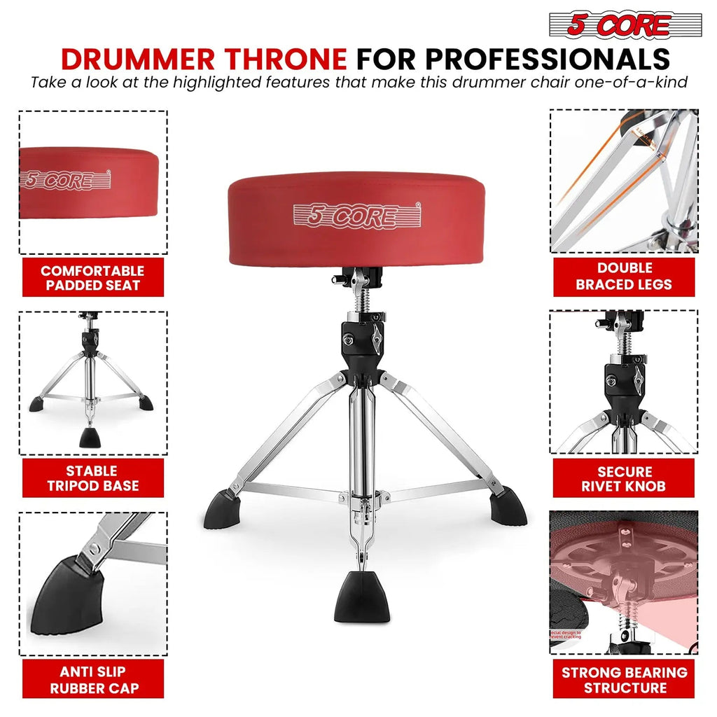 5 Core Drum Throne 4" Thick Padded Guitar Stool 400Lb Capacity Drummer Chair Swivel Adjustable - HONORABLE VETERANS SOLUTIONS