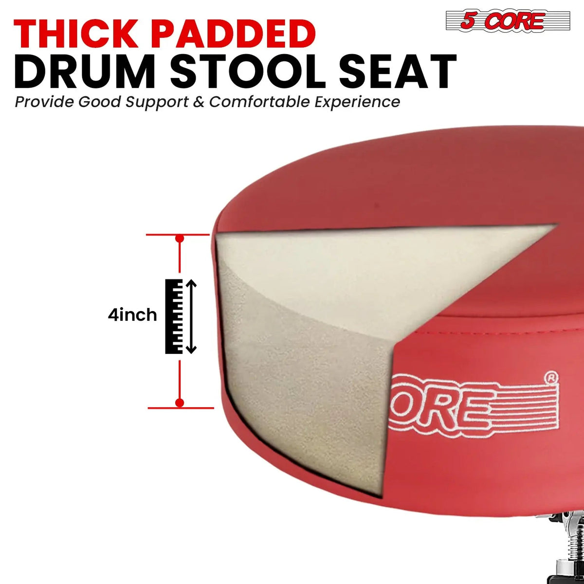 5 Core Drum Throne 4" Thick Padded Guitar Stool 400Lb Capacity Drummer Chair Swivel Adjustable - HONORABLE VETERANS SOLUTIONS