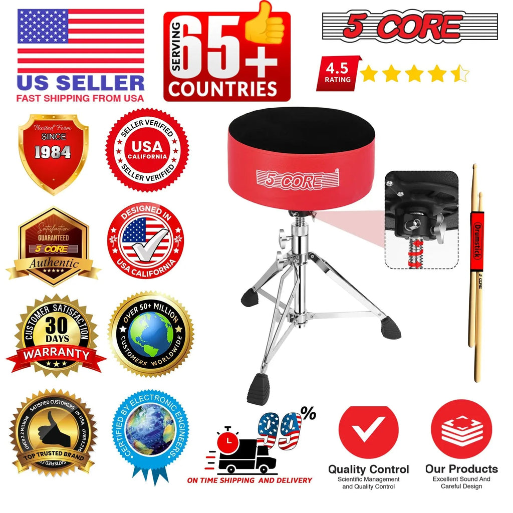 5 Core Drum Throne 5" Padded Drummer Seat Adjustable Drumming Chair w Luxury Velvet Top - HONORABLE VETERANS SOLUTIONS