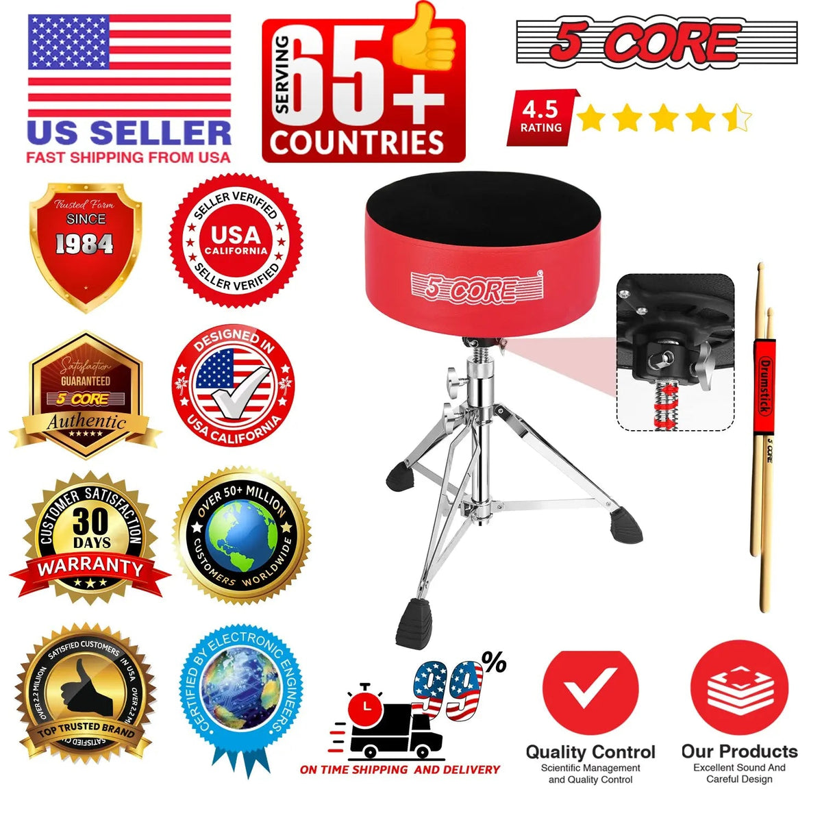5 Core Drum Throne 5" Padded Drummer Seat Adjustable Drumming Chair w Luxury Velvet Top - HONORABLE VETERANS SOLUTIONS