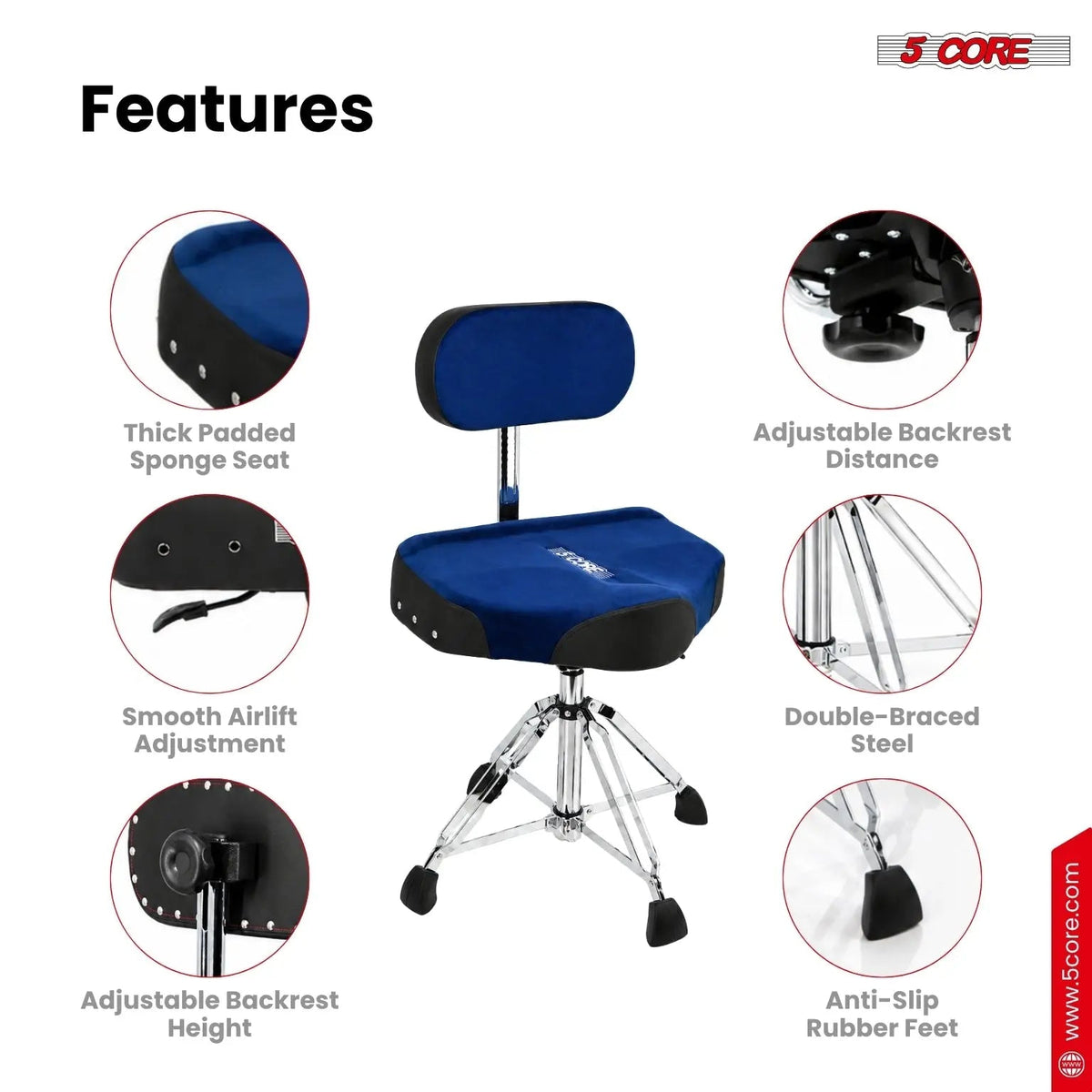 5 Core Drum Throne w Backrest 4" Padded Stool Airlift Adjustable Drummer Chair - HONORABLE VETERANS SOLUTIONS