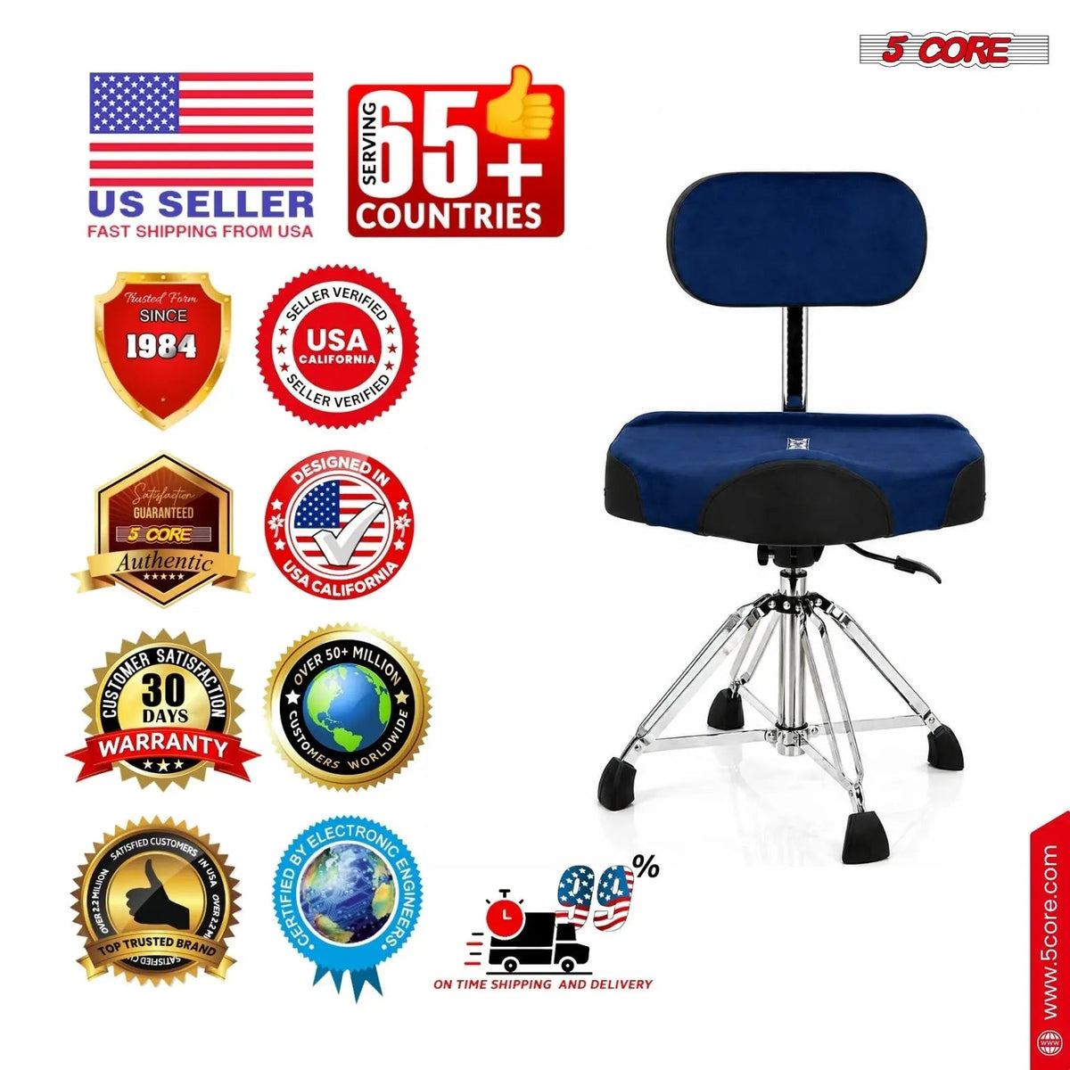 5 Core Drum Throne w Backrest 4" Padded Stool Airlift Adjustable Drummer Chair - HONORABLE VETERANS SOLUTIONS