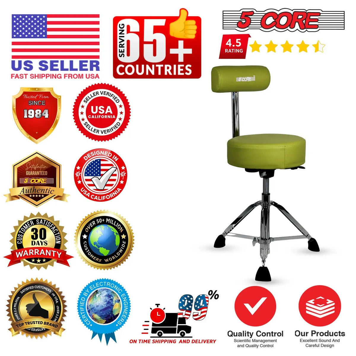 5 Core Drum Throne w Backrest 4" Padded Stool Airlift Adjustable Drummer Chair - HONORABLE VETERANS SOLUTIONS