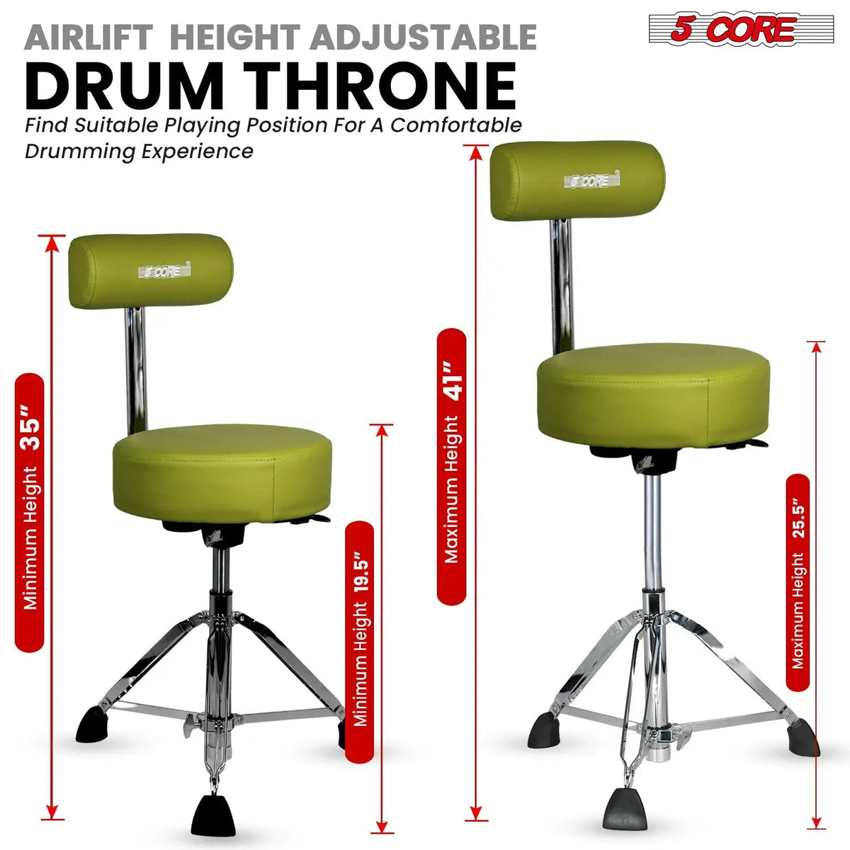 5 Core Drum Throne w Backrest 4" Padded Stool Airlift Adjustable Drummer Chair - HONORABLE VETERANS SOLUTIONS