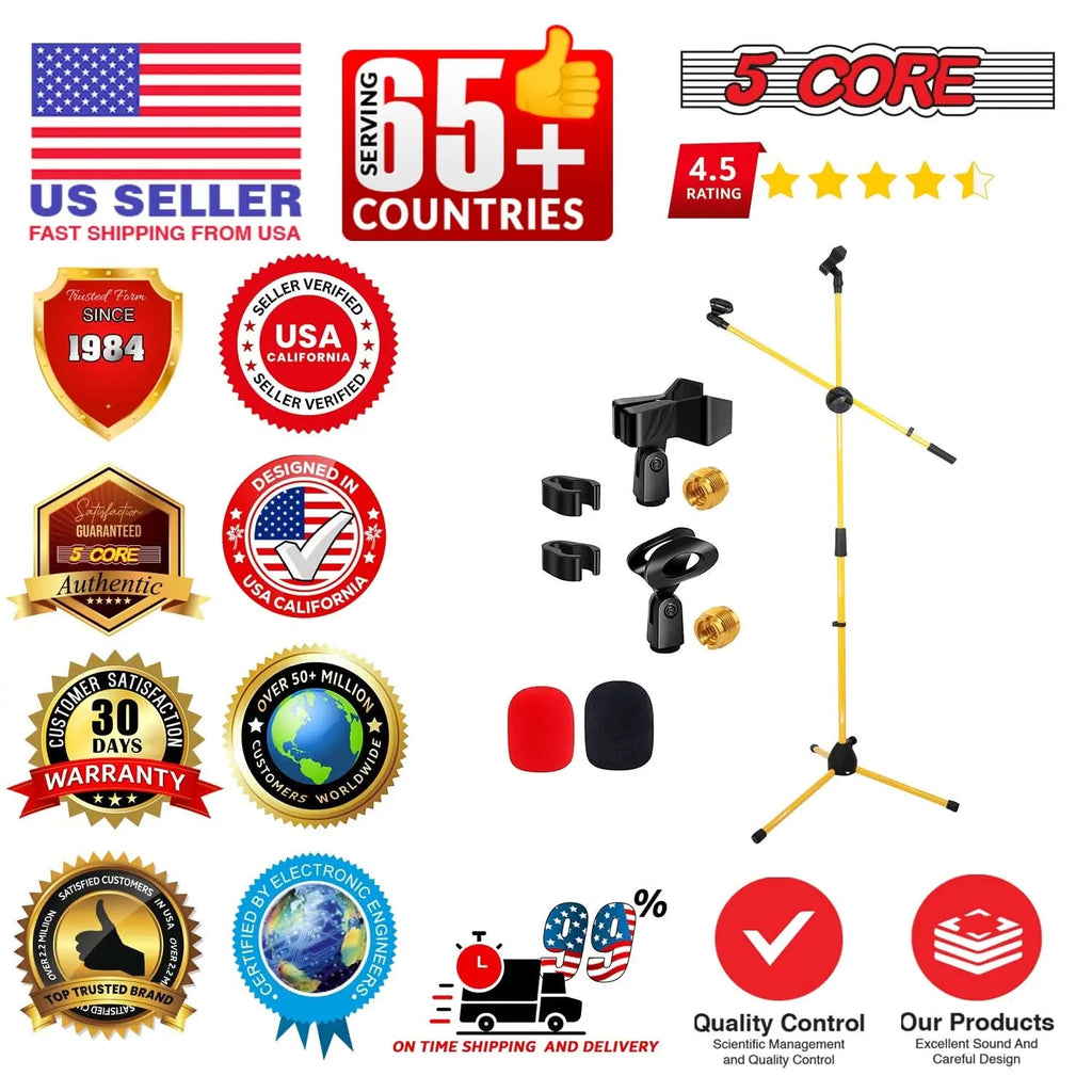 5 Core Dual Microphone Stand 2 Pack, Adjustable Tripod Floor Stand with Boom Arm, Yellow - HONORABLE VETERANS SOLUTIONS