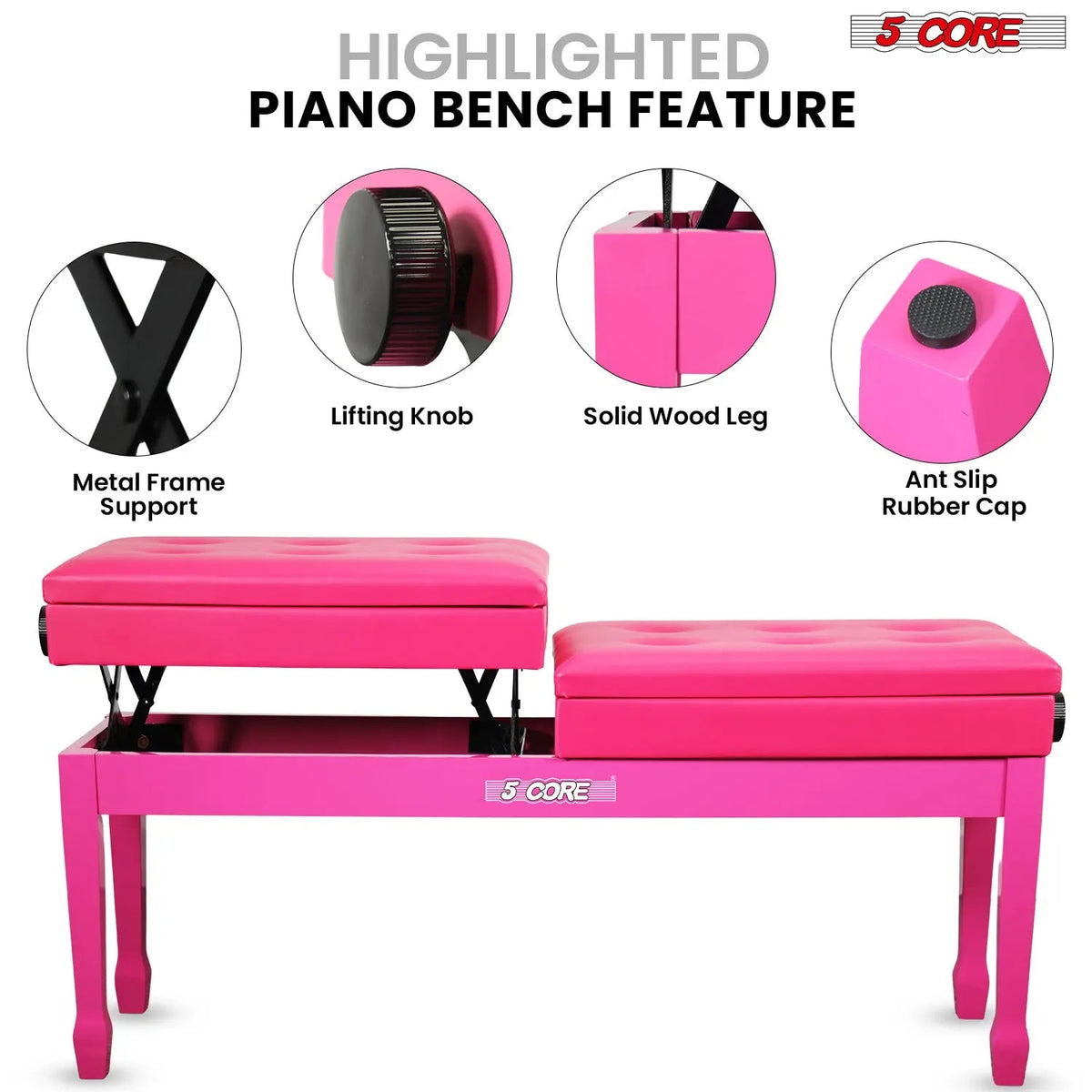 5 Core Duet Piano Bench 3.5 Inch Padded Cushioned Stool Wooden Heavy Duty Musician Chair w Storage - HONORABLE VETERANS SOLUTIONS