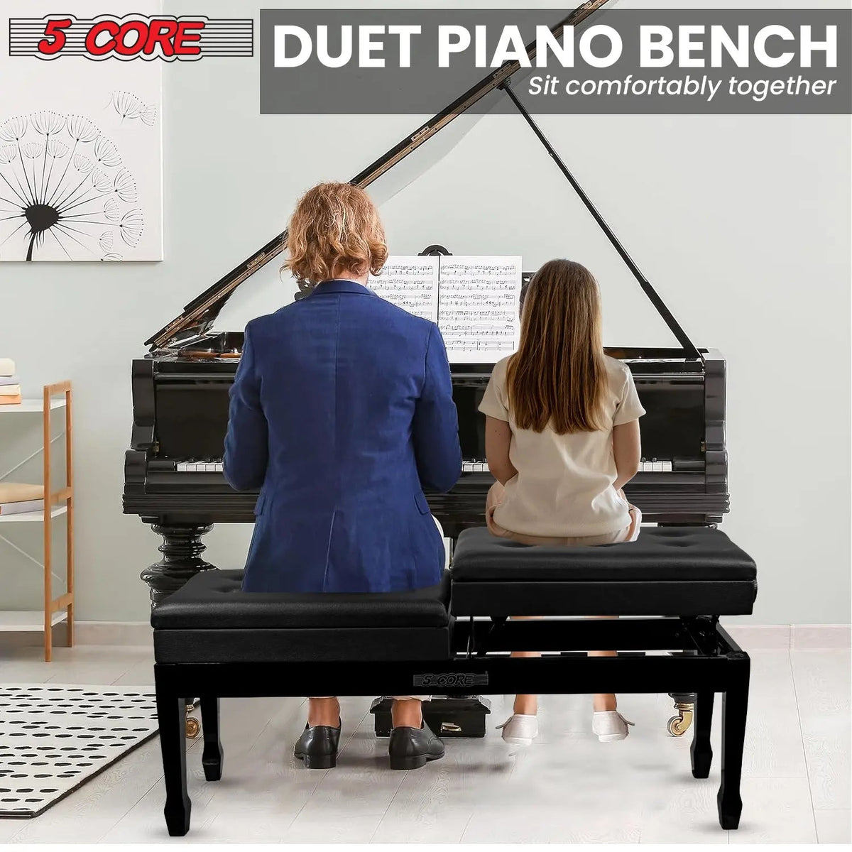 5 Core Duet Piano Bench 3.5 Inch Padded Cushioned Stool Wooden Heavy Duty Musician Chair w Storage - HONORABLE VETERANS SOLUTIONS