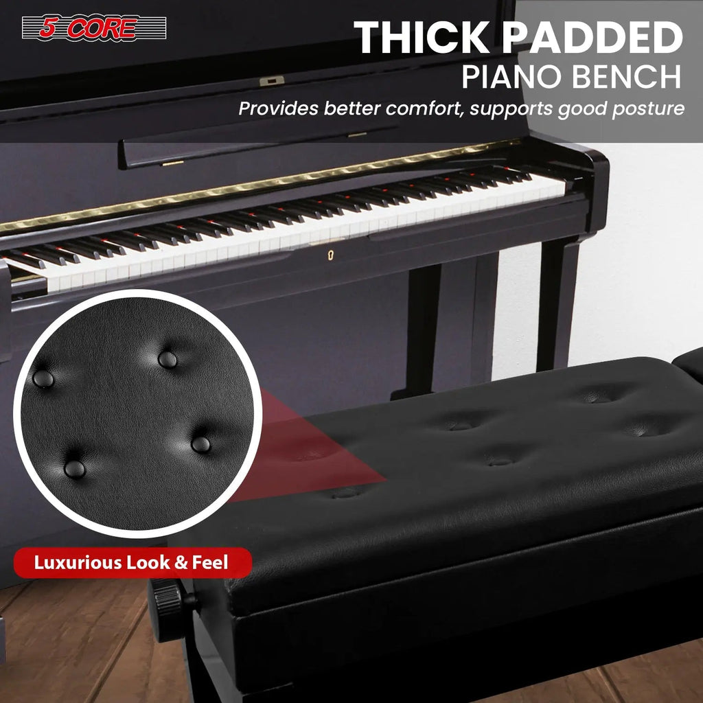 5 Core Duet Piano Bench 3.5 Inch Padded Cushioned Stool Wooden Heavy Duty Musician Chair w Storage - HONORABLE VETERANS SOLUTIONS