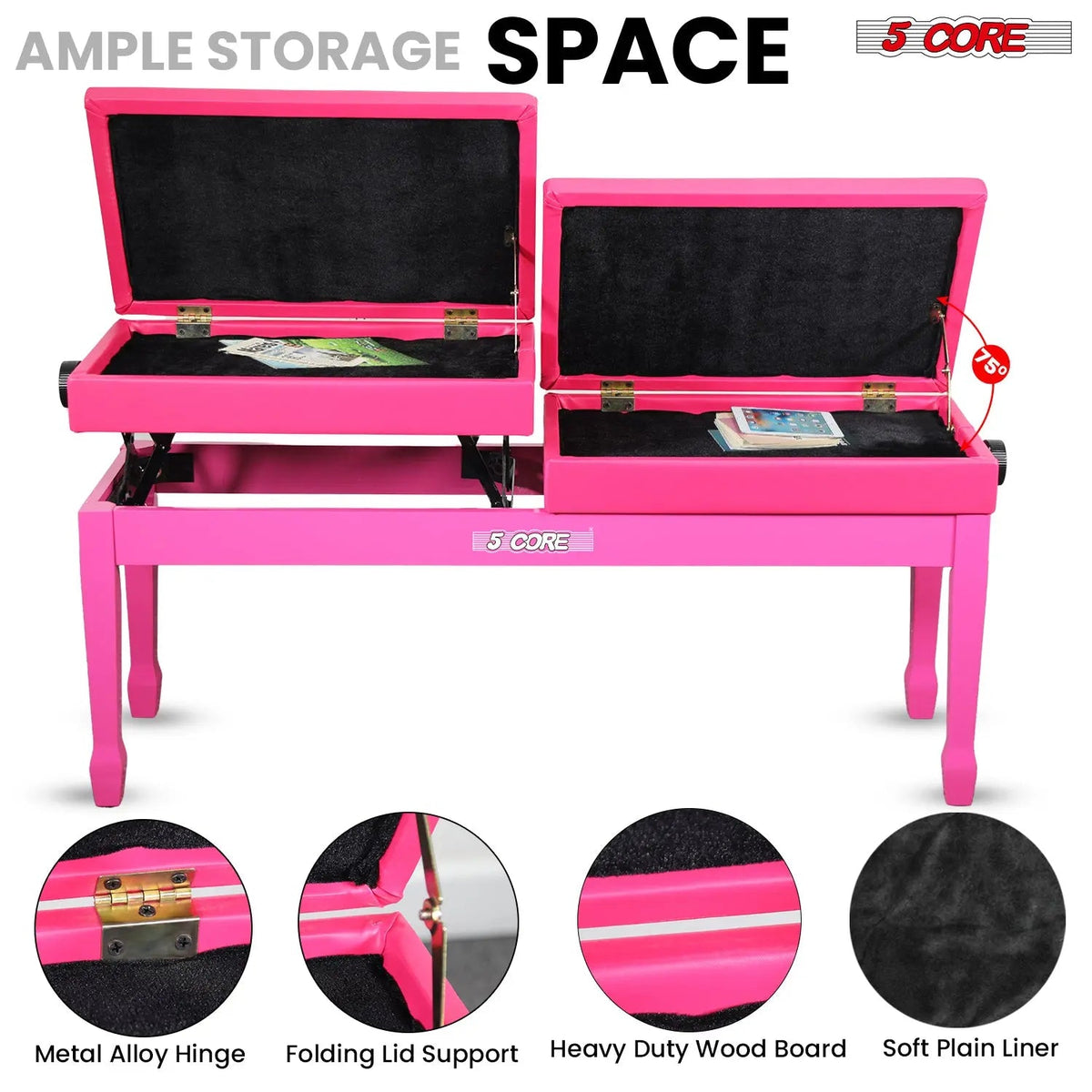 5 Core Duet Piano Bench 3.5 Inch Padded Cushioned Stool Wooden Heavy Duty Musician Chair w Storage - HONORABLE VETERANS SOLUTIONS