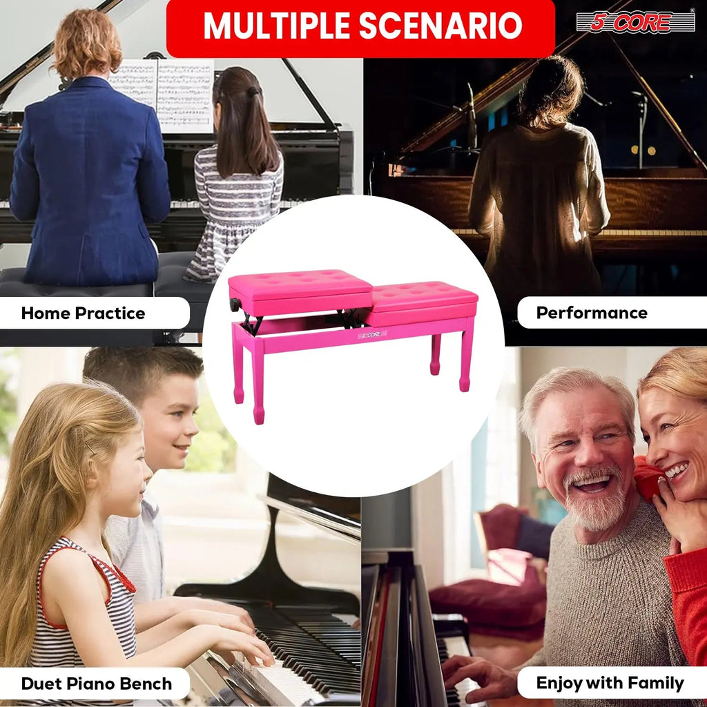 5 Core Duet Piano Bench 3.5 Inch Padded Cushioned Stool Wooden Heavy Duty Musician Chair w Storage - HONORABLE VETERANS SOLUTIONS