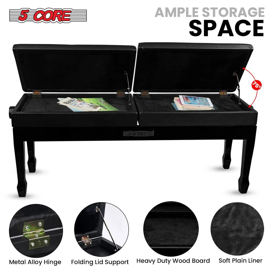 5 Core Duet Piano Bench 3.5 Inch Padded Cushioned Stool Wooden Heavy Duty Musician Chair w Storage - HONORABLE VETERANS SOLUTIONS