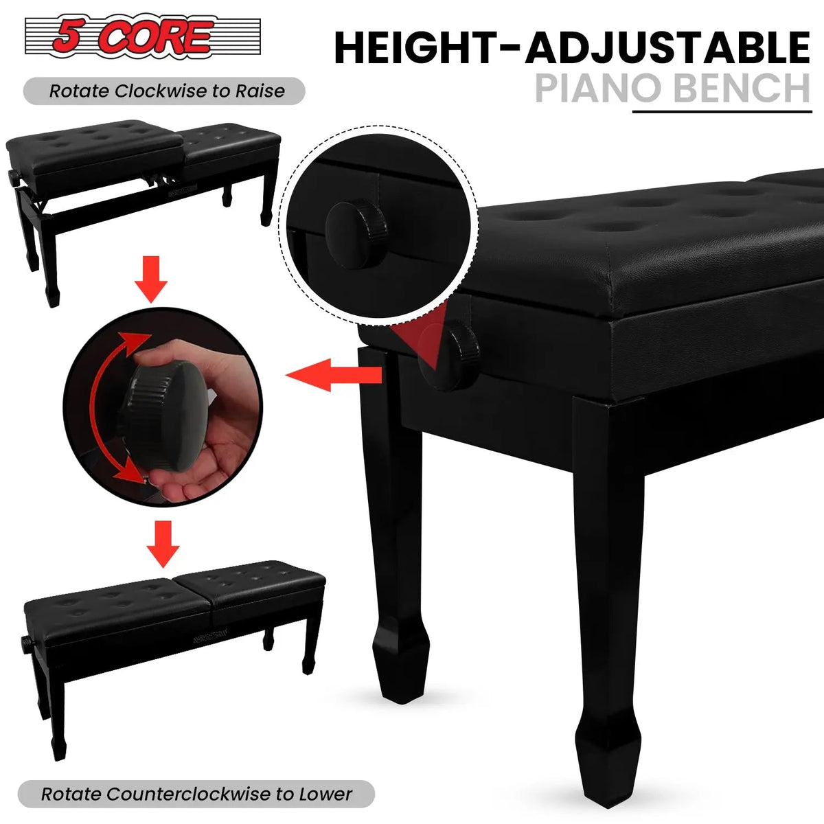 5 Core Duet Piano Bench 3.5 Inch Padded Cushioned Stool Wooden Heavy Duty Musician Chair w Storage - HONORABLE VETERANS SOLUTIONS