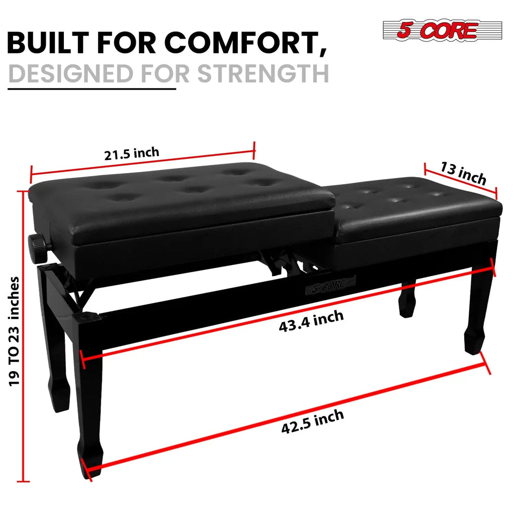 5 Core Duet Piano Bench 3.5 Inch Padded Cushioned Stool Wooden Heavy Duty Musician Chair w Storage - HONORABLE VETERANS SOLUTIONS