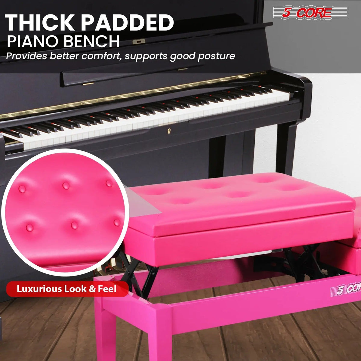 5 Core Duet Piano Bench 3.5 Inch Padded Cushioned Stool Wooden Heavy Duty Musician Chair w Storage - HONORABLE VETERANS SOLUTIONS