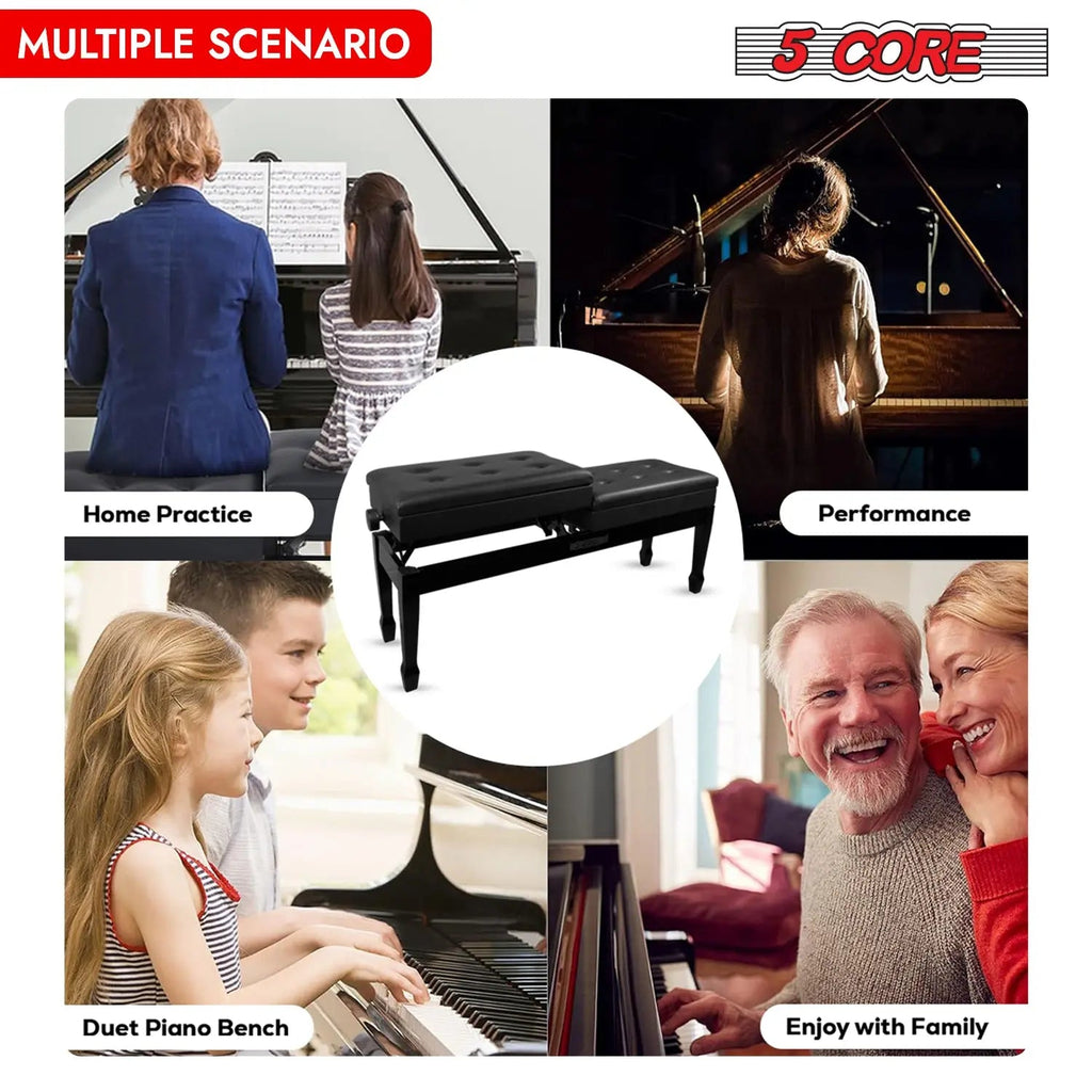 5 Core Duet Piano Bench 3.5 Inch Padded Cushioned Stool Wooden Heavy Duty Musician Chair w Storage - HONORABLE VETERANS SOLUTIONS