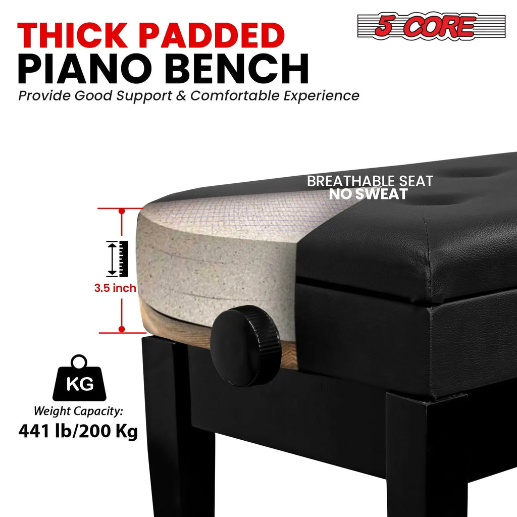 5 Core Duet Piano Bench 3.5 Inch Padded Cushioned Stool Wooden Heavy Duty Musician Chair w Storage - HONORABLE VETERANS SOLUTIONS