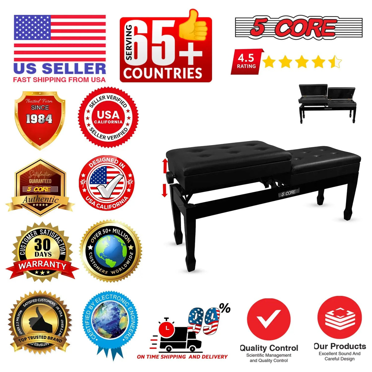 5 Core Duet Piano Bench 3.5 Inch Padded Cushioned Stool Wooden Heavy Duty Musician Chair w Storage - HONORABLE VETERANS SOLUTIONS