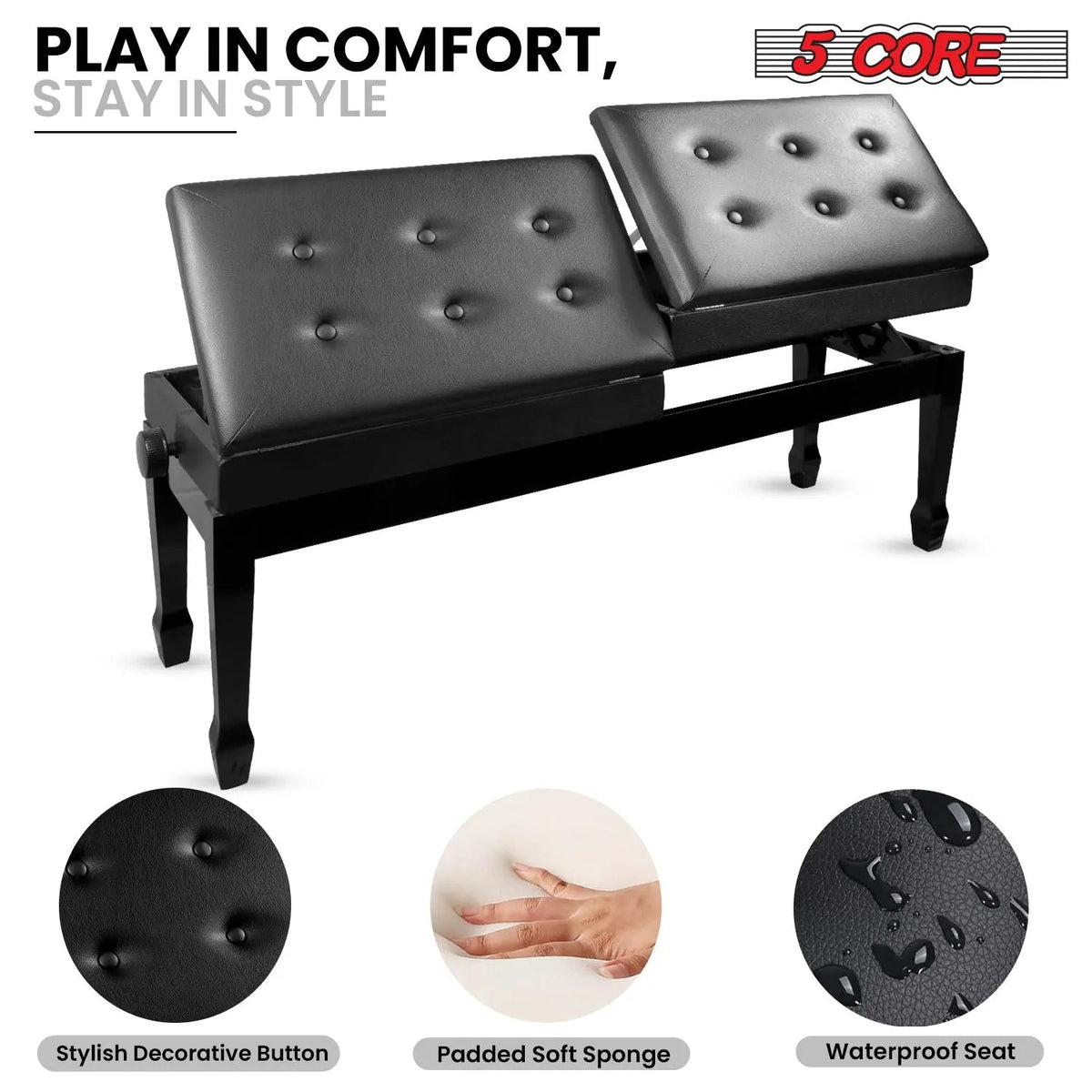 5 Core Duet Piano Bench 3.5 Inch Padded Cushioned Stool Wooden Heavy Duty Musician Chair w Storage - HONORABLE VETERANS SOLUTIONS
