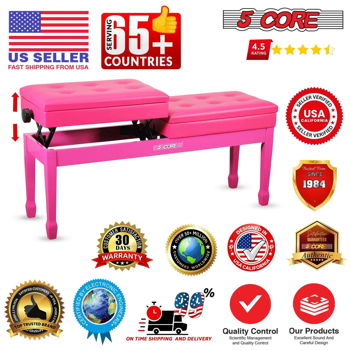 5 Core Duet Piano Bench 3.5 Inch Padded Cushioned Stool Wooden Heavy Duty Musician Chair w Storage - HONORABLE VETERANS SOLUTIONS