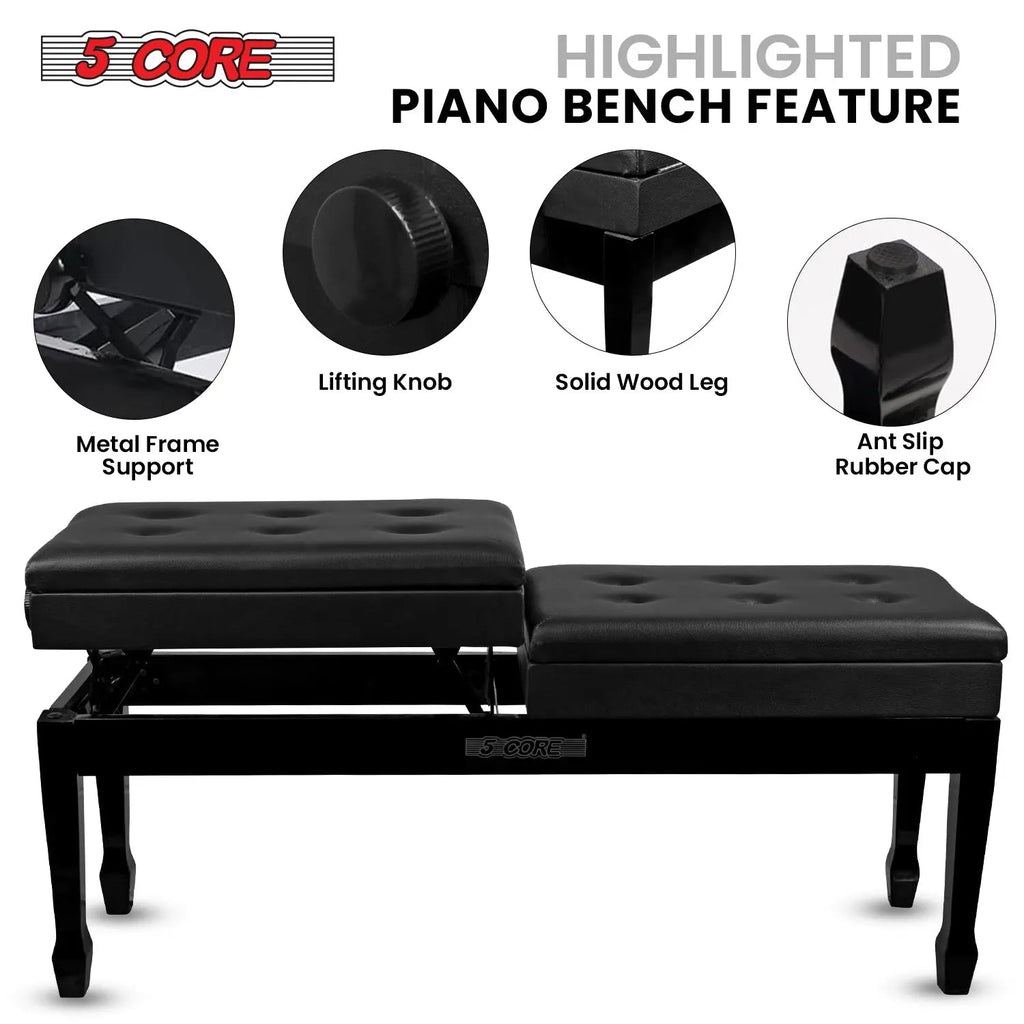 5 Core Duet Piano Bench 3.5 Inch Padded Cushioned Stool Wooden Heavy Duty Musician Chair w Storage - HONORABLE VETERANS SOLUTIONS