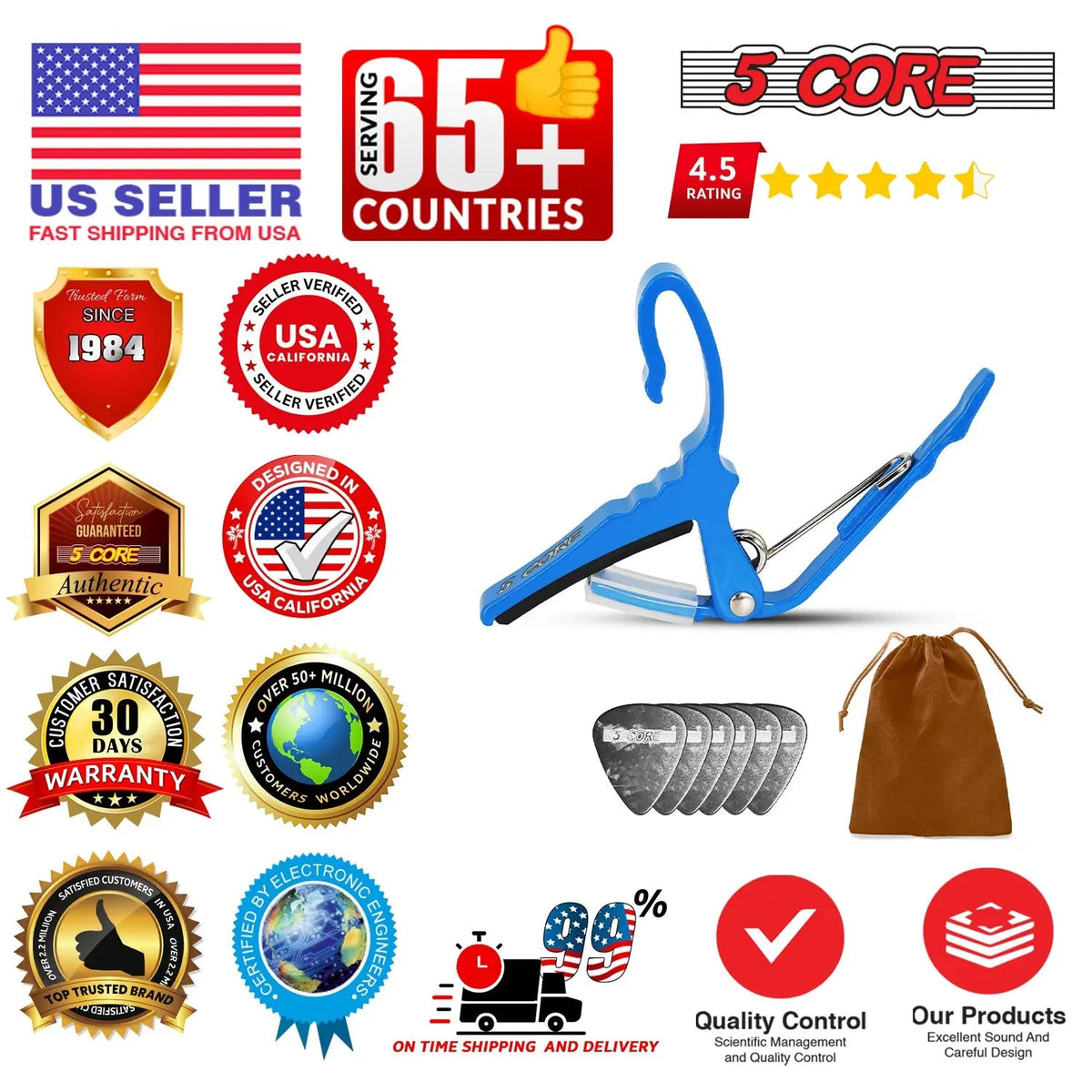 5 Core Guitar Capo Quick Change Acoustic Electric String Clip Banjo Mandolin Or Ukulele - HONORABLE VETERANS SOLUTIONS