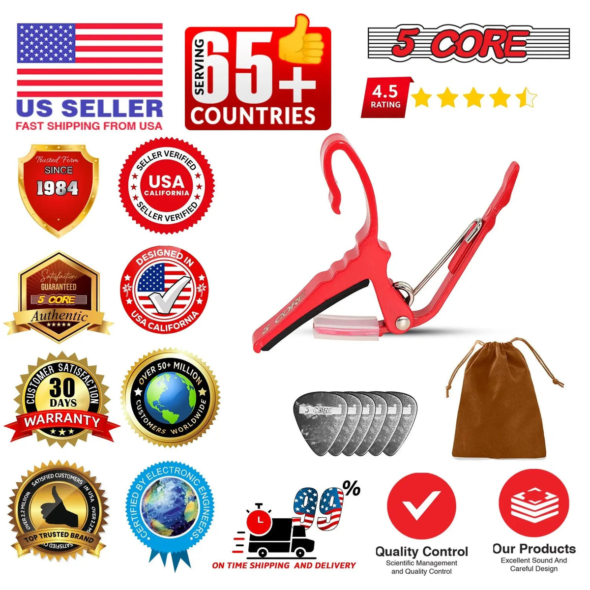 5 Core Guitar Capo Quick Change Acoustic Electric String Clip Banjo Mandolin Or Ukulele - HONORABLE VETERANS SOLUTIONS